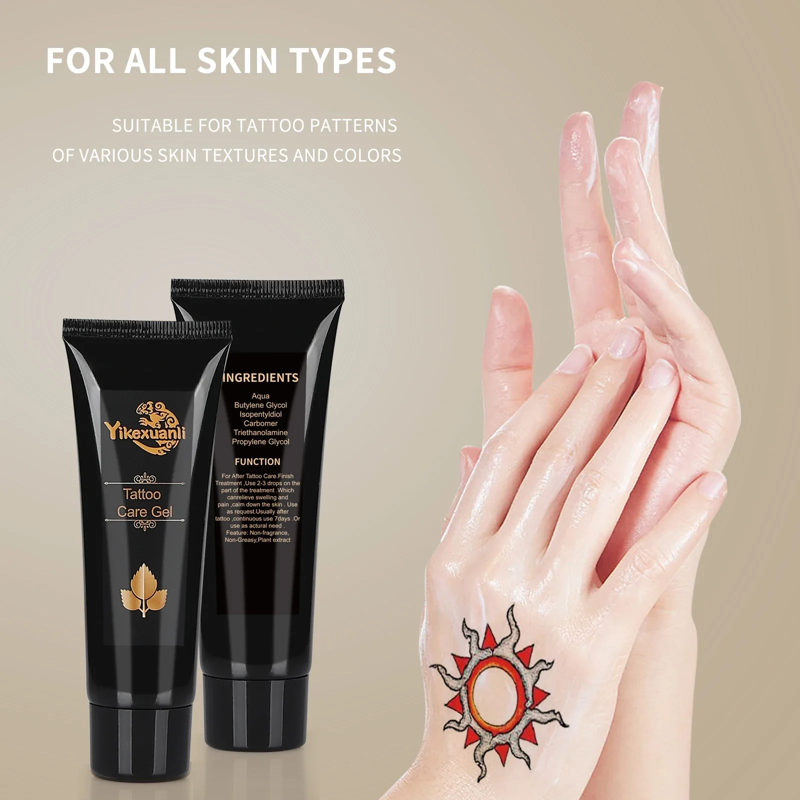 

1 tube of aftercare gel for tattoos Promotes healing, locks in colour and preserves vibrancy Tattoo care and accessories