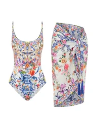 Court Print Swimwear for Women One Piece Swimsuit And Cover up Beach Exit Sexy Sling Style Praia Outfits Open Back Tankini 2023