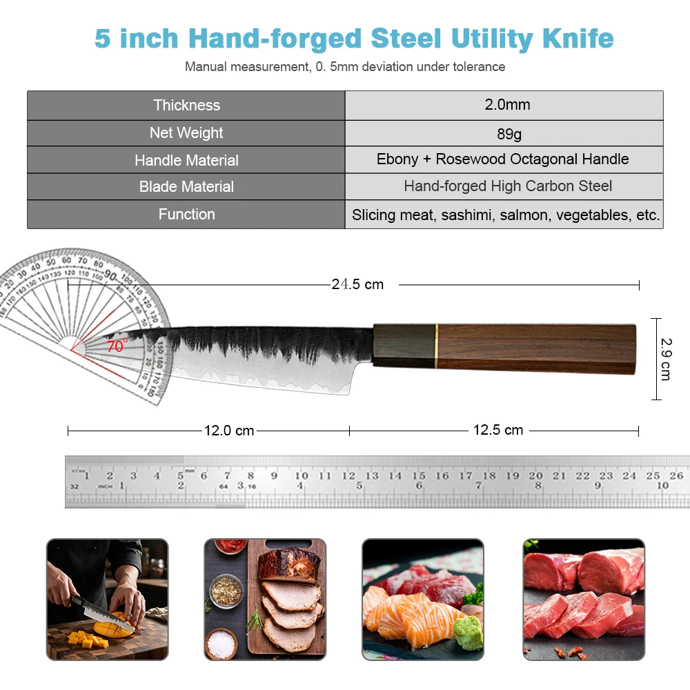 XITUO Hand Forged High Carbon Steel 5 Inch Utility Knife, Sharp Octagonal Rosewood Handle Kitchen Sashimi Exquisite Chef's Knife