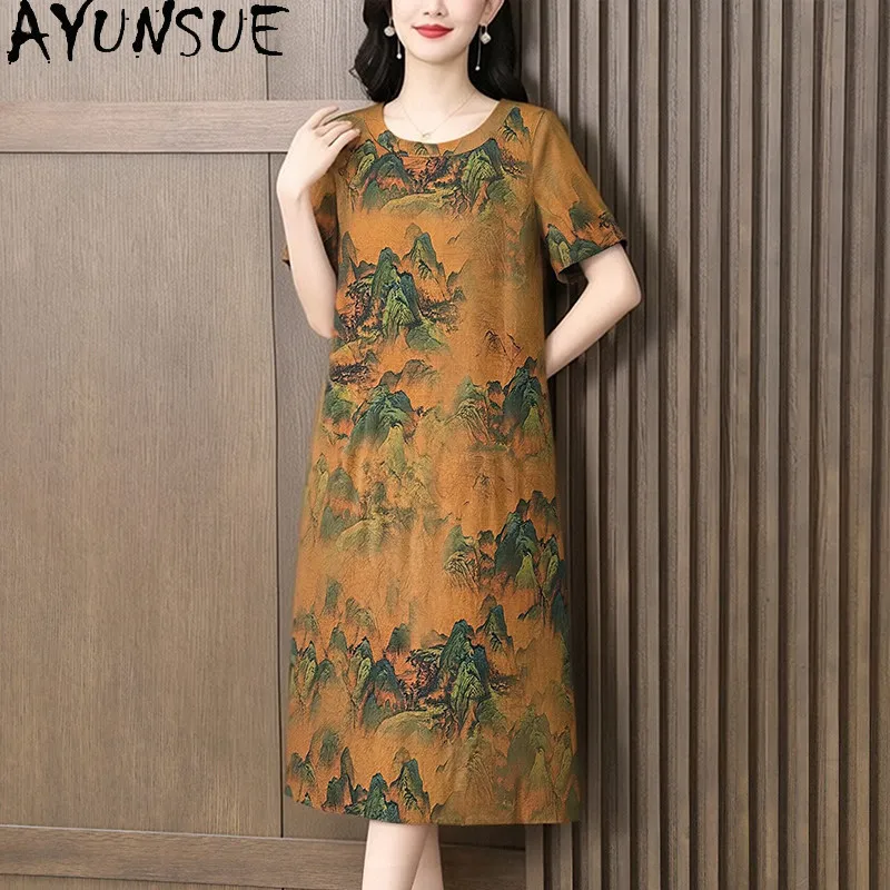 AYUNSUE 100% Real Mulberry Silk Vintage Dress Women Elegant Womens Dresses Summer Clothes Loose Waist Gambiered Guangdong Gauze