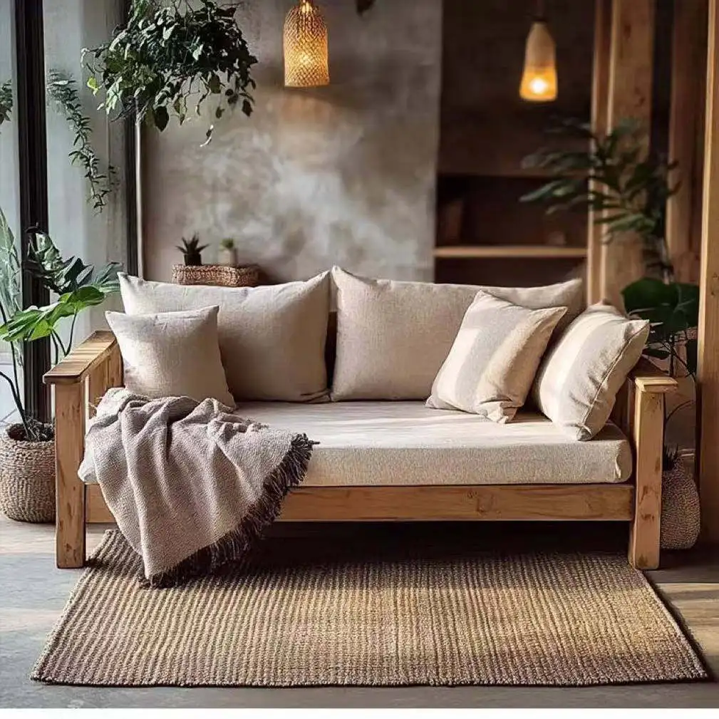 Outdoor solid wood sofa villa log wind living room hotel three-person sofa retro fabric sofa