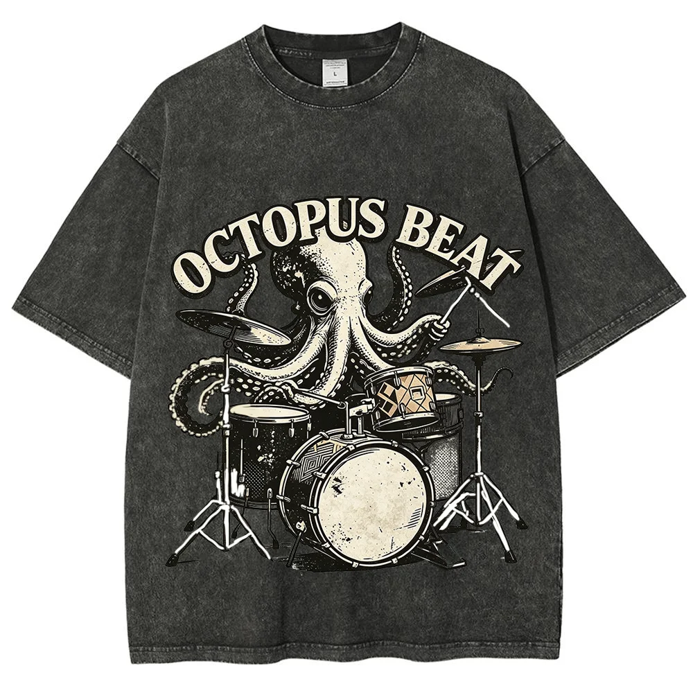 Men T Shirt Octopus Beat Drummer Graphic Vintage Washed Cotton Oversized Streetwear Rock Music Short Sleeve Casual Top