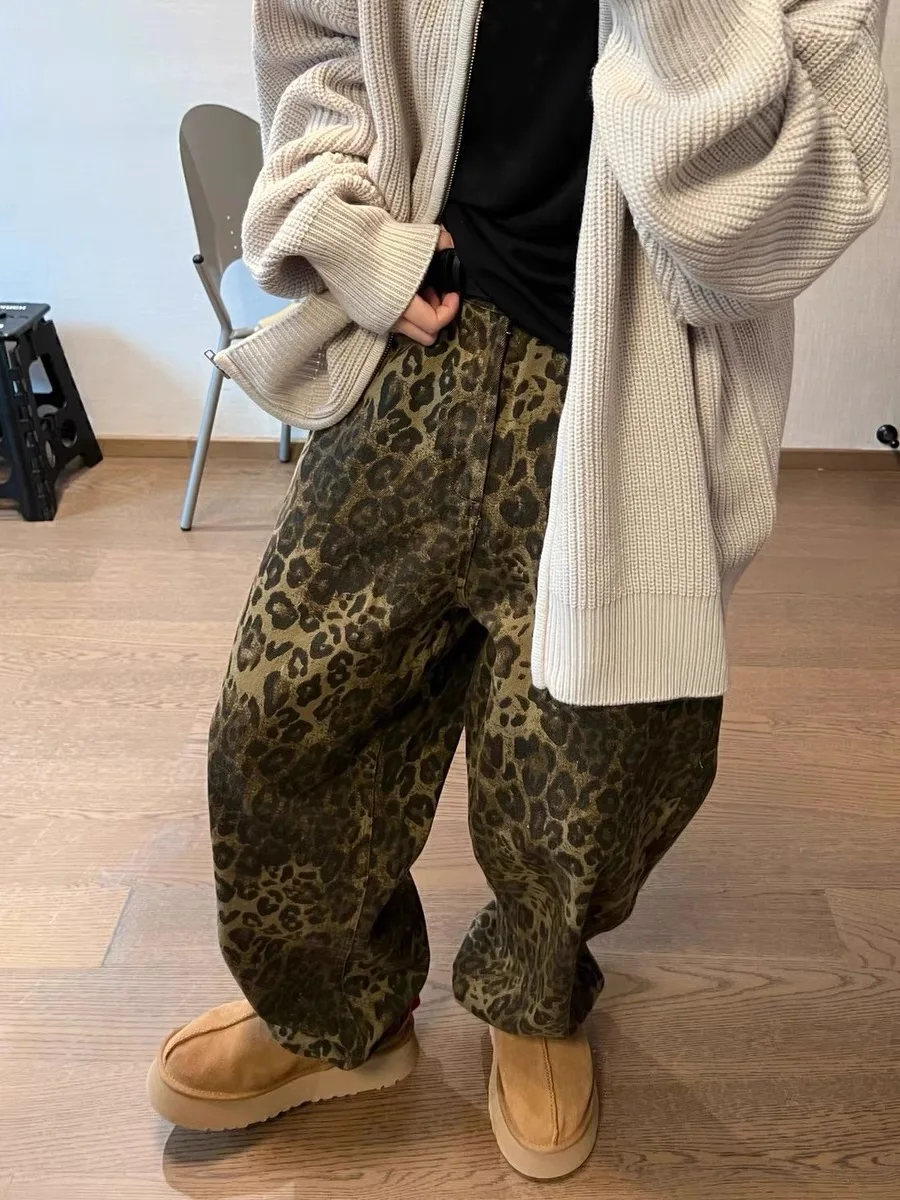 

Retro American Leopards Print Men's Jeans Loose Wide Leg Straight Casual Workwear Trousers Trendy Youth Autumn Spring Faion