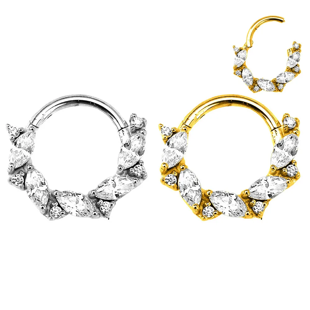 Anelli al naso con segmento di fiore Marquise CZ Piercing al setto Daith Conch Helix incernierato Click Hoop orecchino 316L acciaio chirurgico 16G