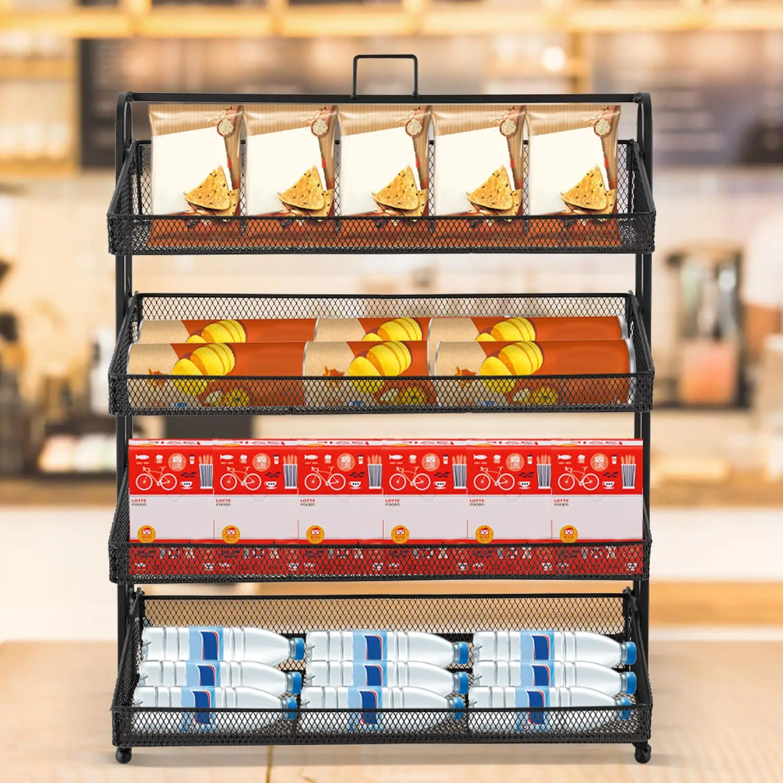 4 Tier Candy Display Rack, Metal Snack Display for Counter, Snack Organizer for Countertop, Chip Rack Display Stand Chip Bag Hol