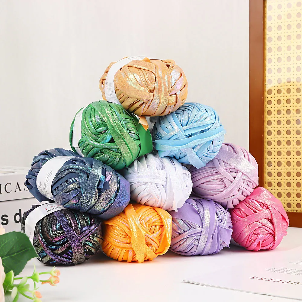D&D 100M/roll Metallic T-Shirt Yarn Bright Fabric Yarn for Crocheting Glossy Cloth Yarn for Knitting DIY Craft Bag Basket