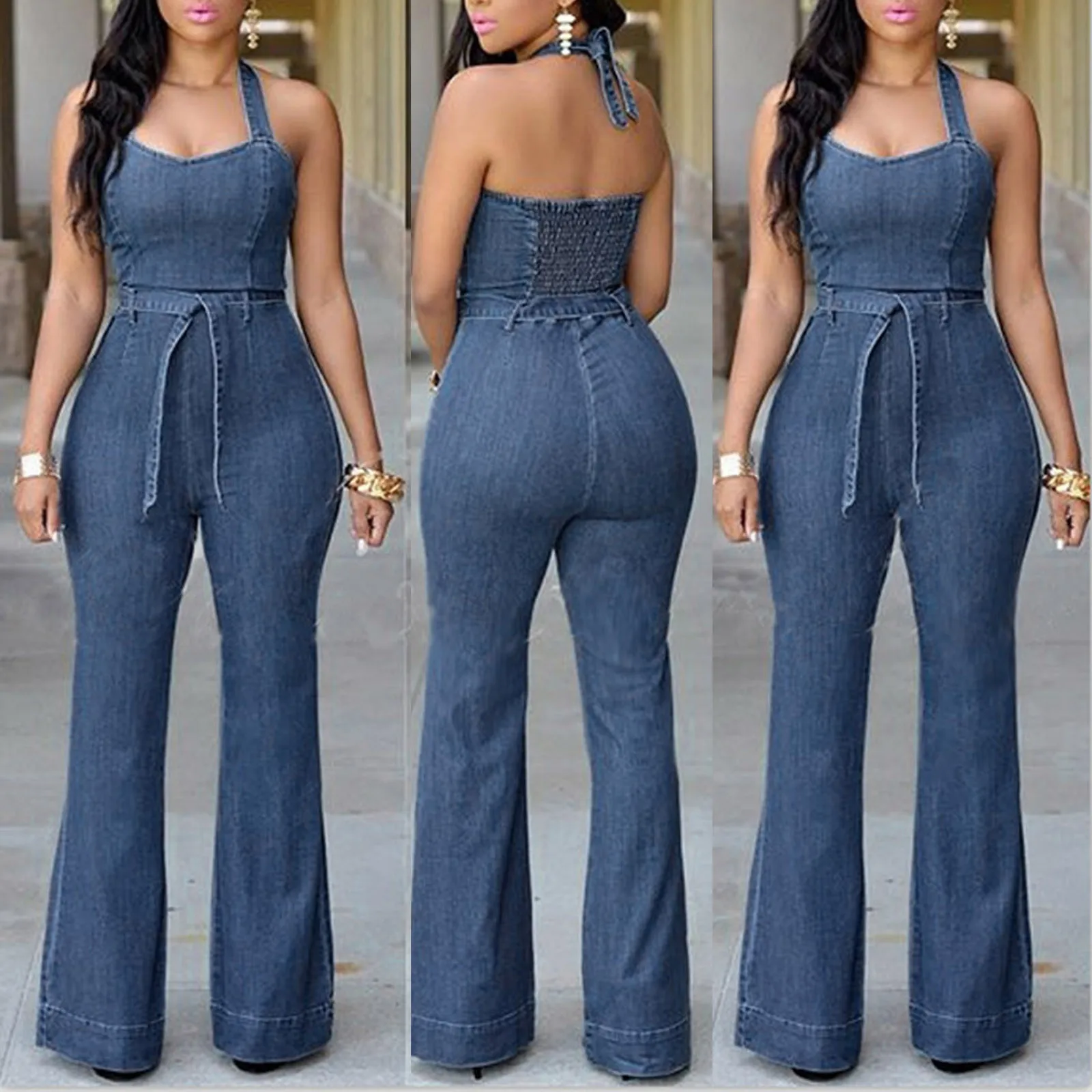 

New Women Casual Jumpsuits Denim Playsuit Sleeveless Belt Halter Jumpsuit Elegant Summer Flare Jeans Pants Lady Rompers Overalls