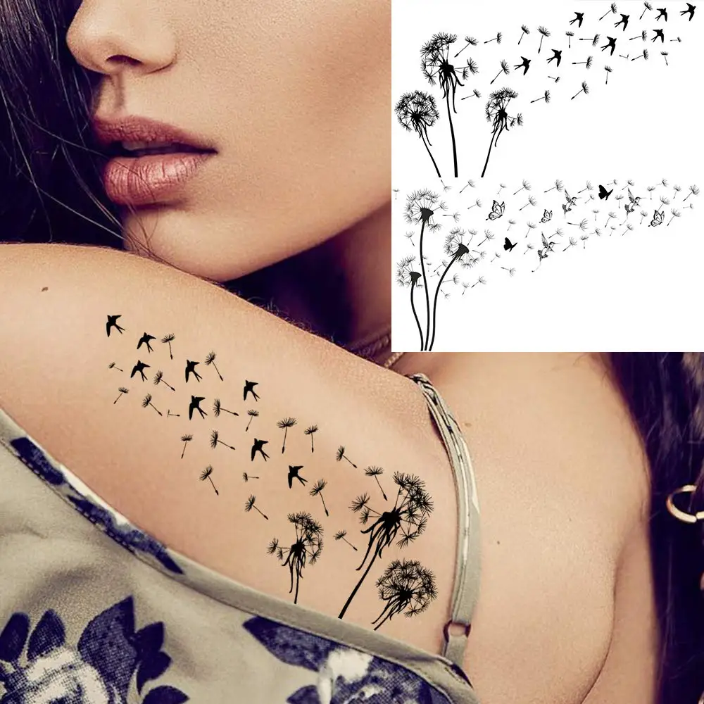 13 Sheets Dandelion Temporary Tattoos For Women Realistic Flying Birds Butterfly Fake Tattoo Flower For Girls Decor Tatoos Paper