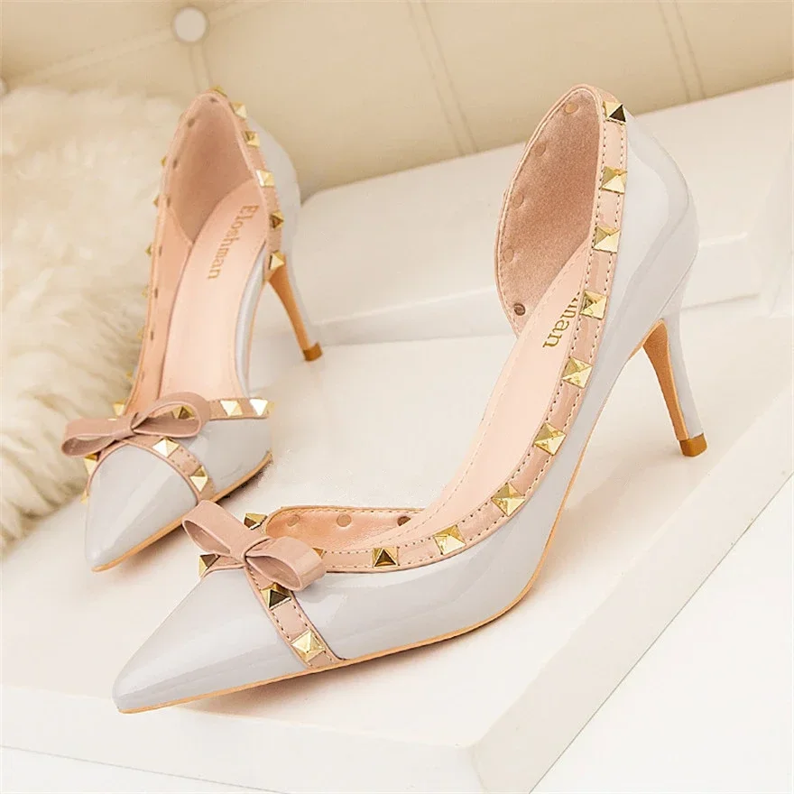 

2023 New Sweet Bowknot Rivets Shallow Women Pumps Party Patent Leather Pointed Toe High Heels Shoes Cut-Outs Ladies Office Shoes