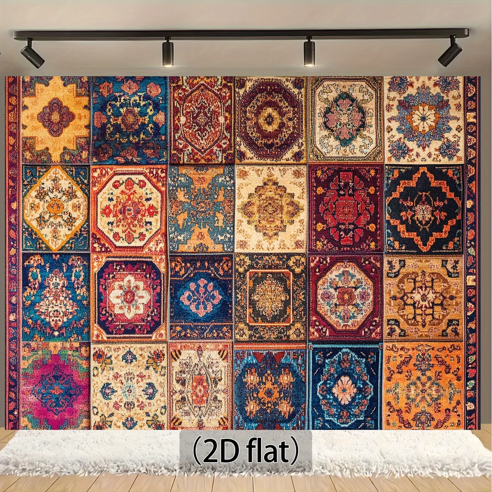 2D Flat Banner1pcs Moroccan Style Retro Tapestry Backdrop Cloth - Vibrant Floral & Geometric Squares Pattern Durable Polyester F
