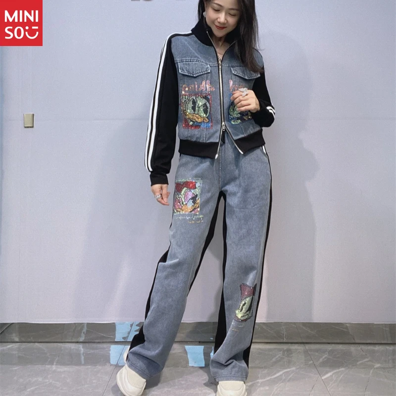 

Miniso Women's Short Zip-Up Jacket & Pants Set, Rhinestone Denim Tracksuit, Casual Outfit