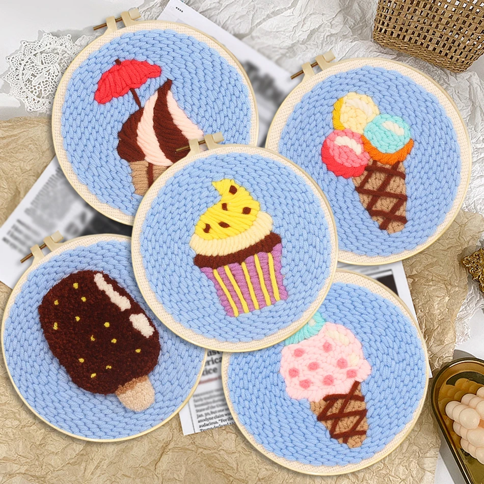 

Embroidery Punch Needle Kits for Beginners Colorful ice cream Pattern Craft Set,DIY for Adults Starters,Rug Handle Pen,Hoop