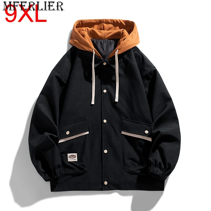 

Spring Autumn youth handsome loose casual solid colour multi-pocket top jacket men's hooded jacket 9XL 8XL men clothing