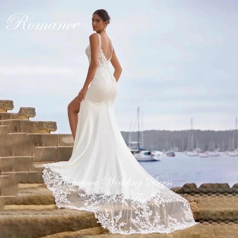 Sexy decote em v apliques sereia vestido de casamento feminino 2025 plissado cintas de espaguete aberto volta botão de renda vestidos de novia personalizado