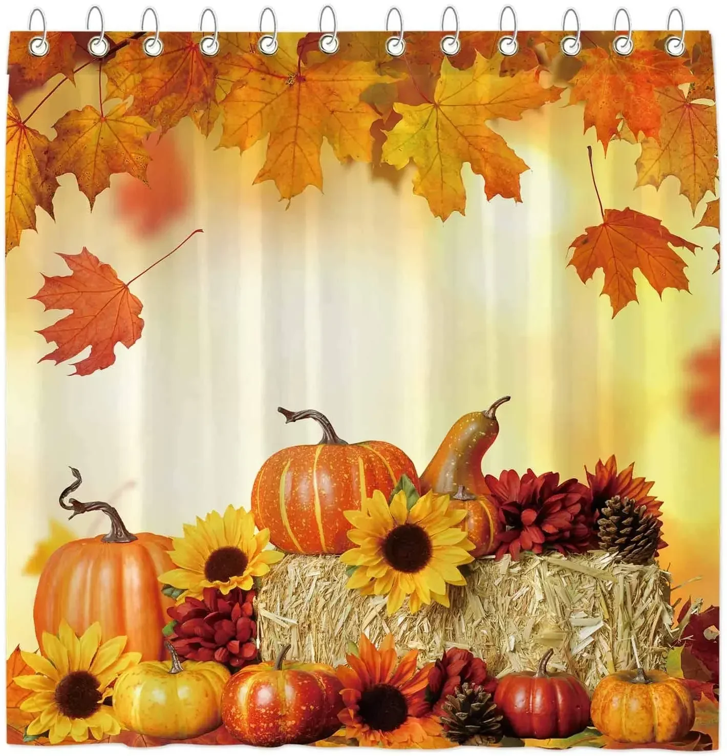 Fall Pumpkins Maple Shower Curtain Set with Hooks Autumn Thanksgiving Sunflowers Harvest Falling Leaves Bathroom Curtains Decor