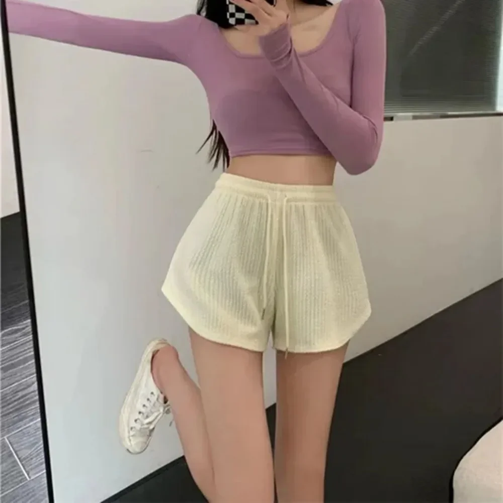 High Elastic Women Shorts Summer Lace Up Drawstring Wide Leg Sweat Short Fitness Running Shorts Loose Casual Large Sports Shorts