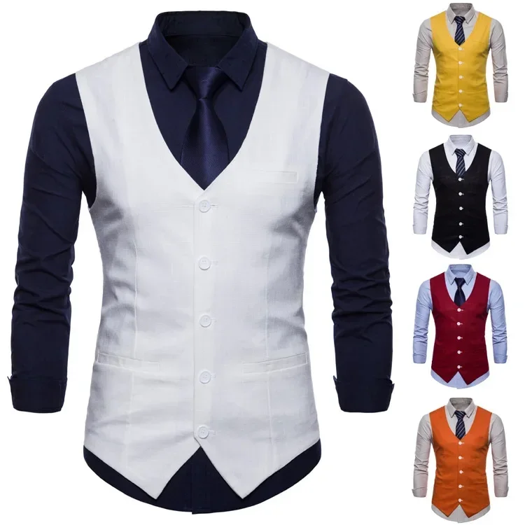 Spring British Style Men Vest Candy Colors Casual Slim V-neck Sleeveless Blazer Waistcoat Men White Suit Vest Plus Size 4xl Hot