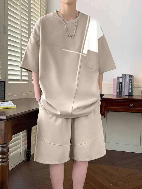 

Спортивный костюм для мужчин на лето: футболка с коротким рукавом и бриджи, комплект из двух предметов, полиэстер, для подростков.