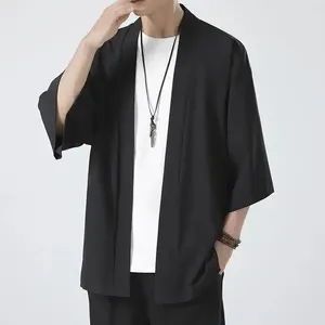 Yukata light, open japanese male, kimono, black cardigan, 3/4 sleeve, casual clothing for summer holidays, fashion 8 Main Sales Men's Black Shirt - №4
