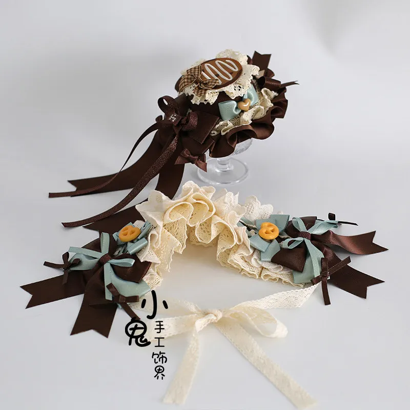 Sweet Lolita Mint Chocolate Mini Top Hat Hair Clip & Lace Bow Headband Set, Floral Balletcore Hair Accessories for Girls Women