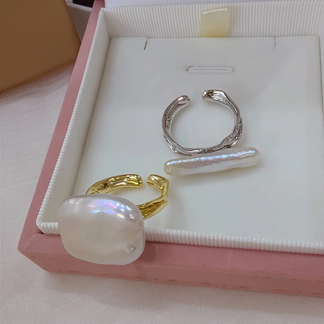 

Dainashi 100% Natural Freshwater Cultured Pearl Rings Square Long Strip Baroque Open Adjustable Rings for Women
