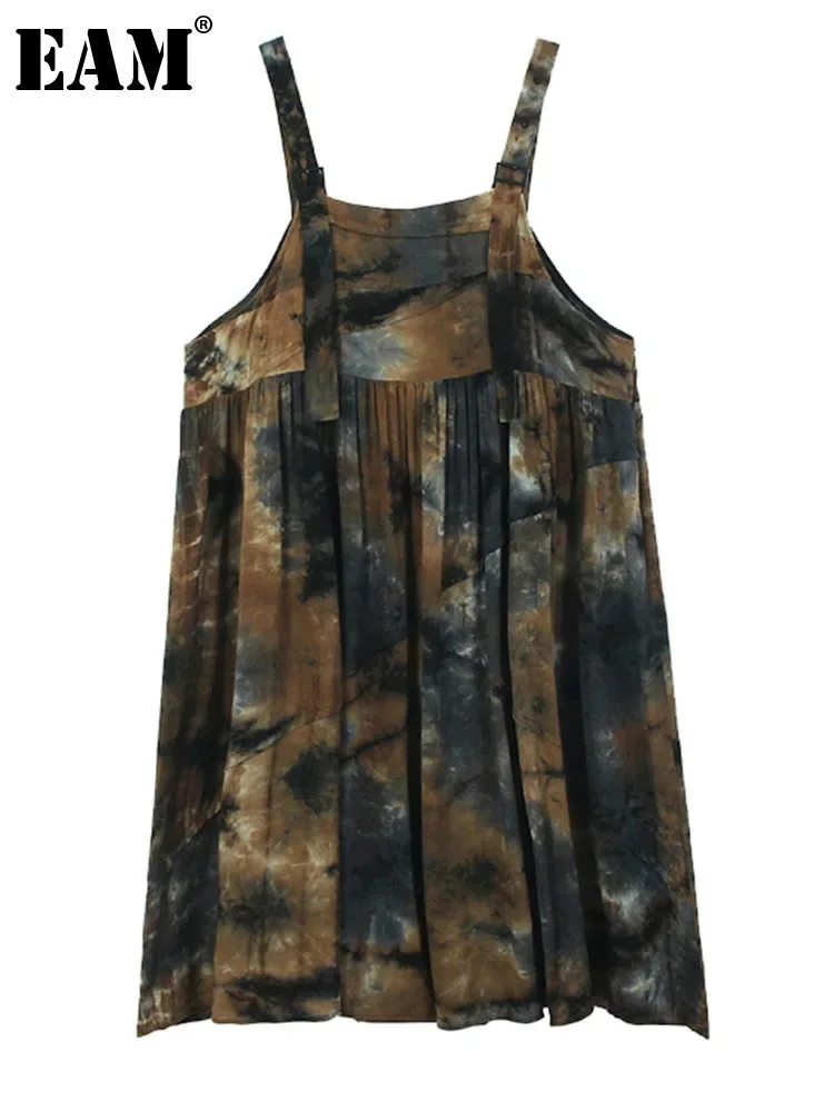 [EAM] Women Tie Dye Pleated Big Size Casual Strap Dress New Square Collar Sleeveless Fashion Tide Spring Autumn 2024  1DH6611