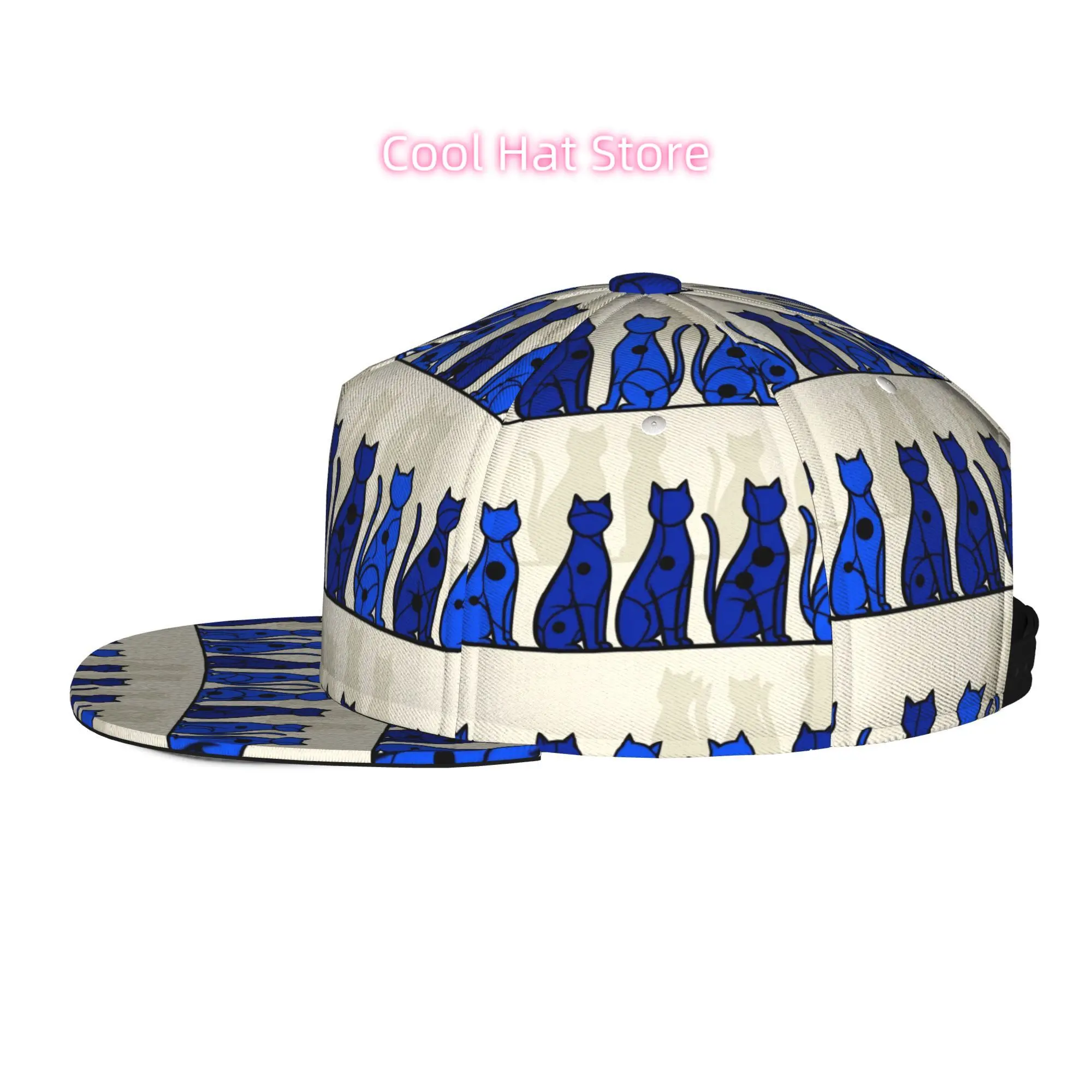 Baseball Caps for Both Men And Women Featuring Blue Cat Shapes with Shadows. They Have an Adjustable Snap Brim And a Flat Top, M