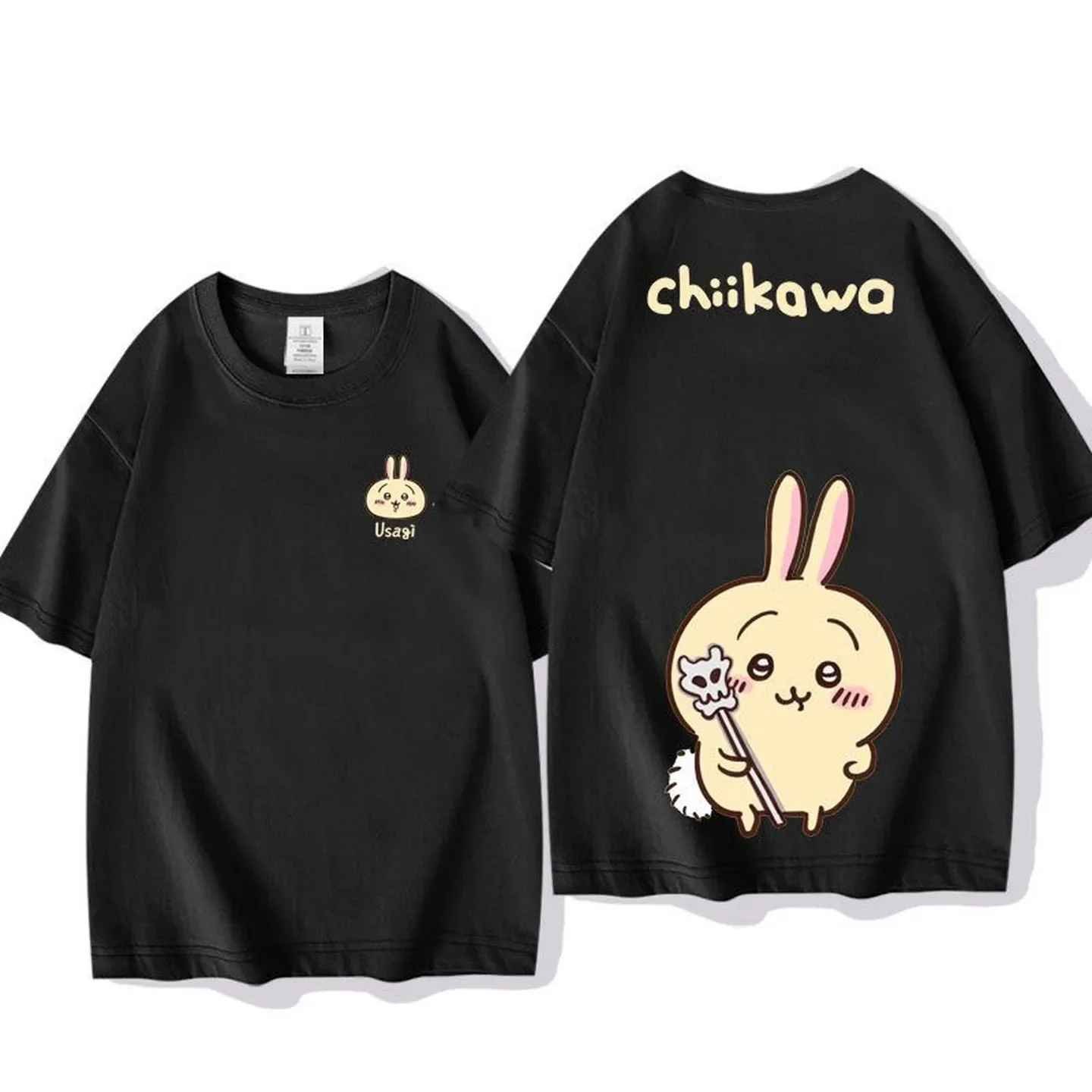Chiikawa Usagi Ice Cream Double Sided T-shirt Front Back Cartoon Print White Cotton Tee Unisex Kawaii Casual Short Sleeve Shirt