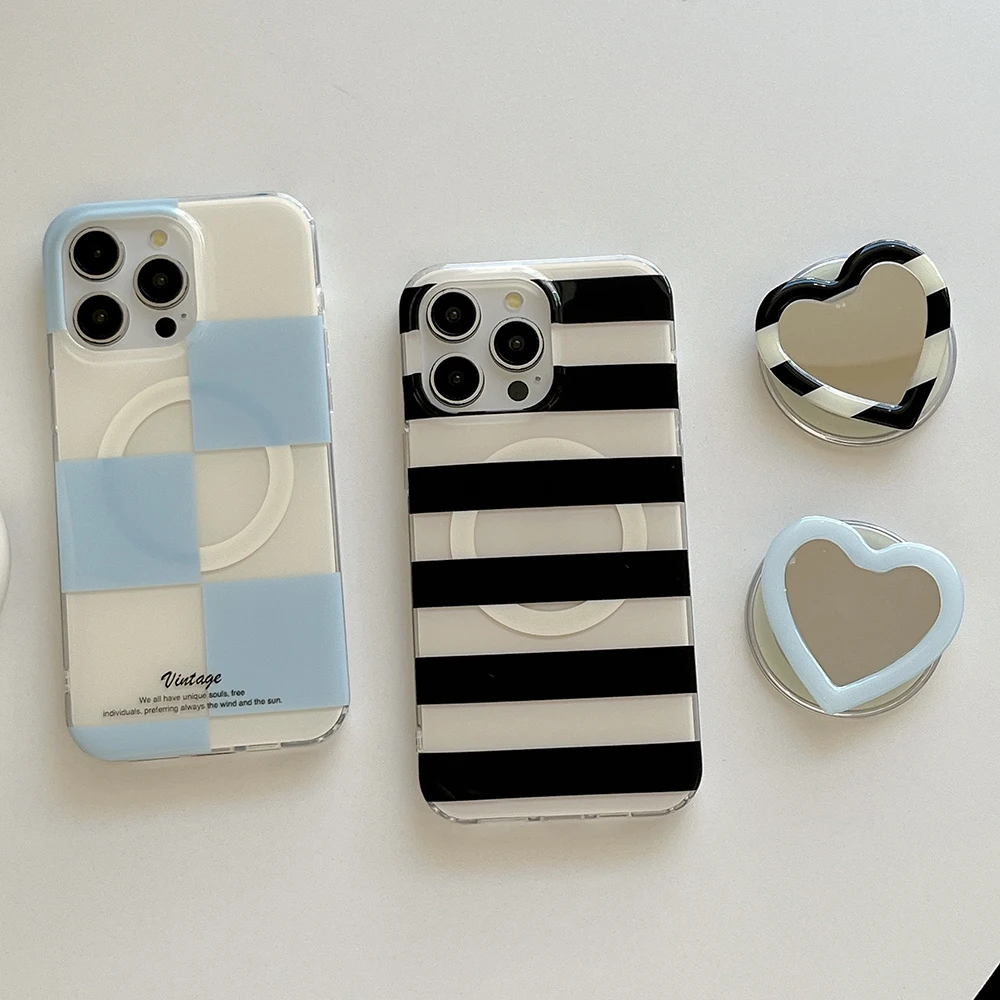 

3D Cute Striped Black for Magsafe Magnetic Holder Phone Case for iPhone 17 16 15 14 Pro Max 13 Mirror Back Cover for Women Girl
