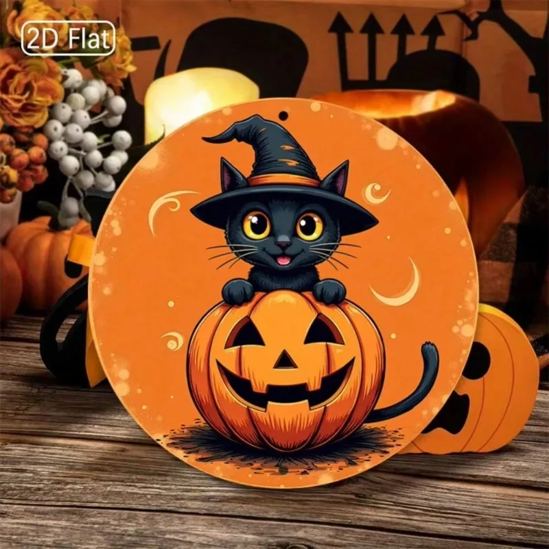 1 шт. 8x8 дюймов 2D плоский круглый металлический знак на Хэллоуин — черный кот в шляпе ведьмы на тыкве, оранжевый фон с пузырьками, легко повесить