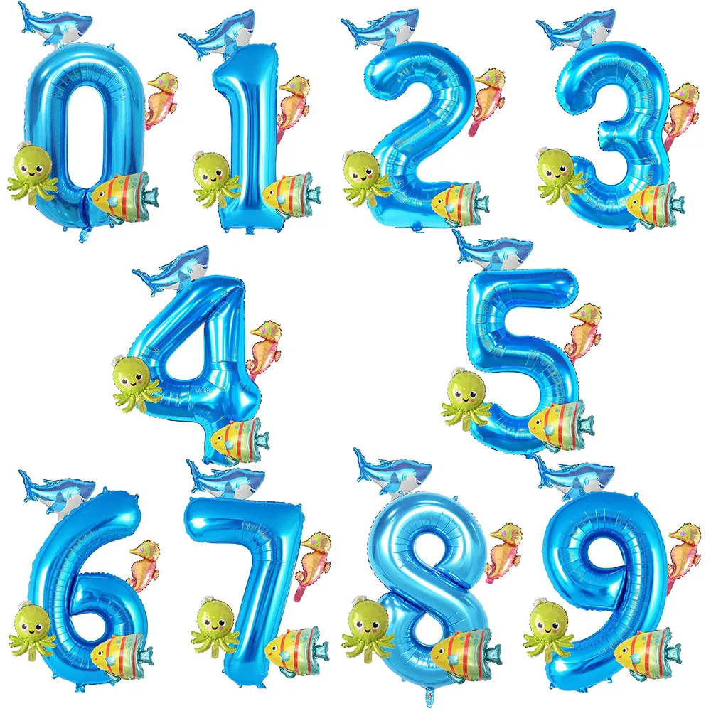 5Pcs Mini Sea Animals Balloons Set 32inch Blue Number Balloon Octopus Seahorse Fish Foil Balloons for Kids Birthday Party Decors