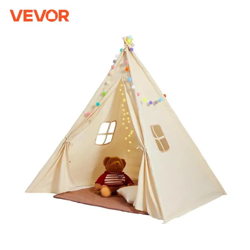 VEVOR Tente de jeu pour enfants, tente tipi enfants 1-5 ans, tente pour enfants avec tapis et balles décoratives en peluche, avec fenêtres pour intérieur et extérieur, pour garçons et filles, beige