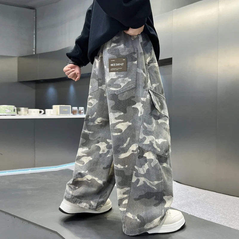 Autumn Kids Distressed Camouflage Cargo Pants for Boys Girls Outdoor Sports Camo Trousers Child Military Trackpants with Pocket