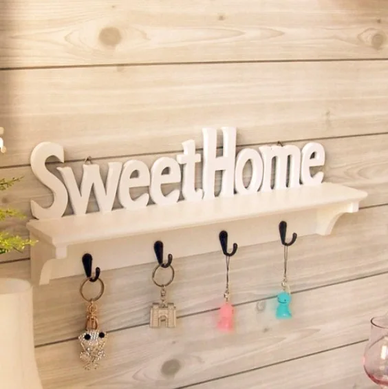 Wooden Letters Hollow Storage White Wall Hook Key Holder Wood Storage Holders Shelf Home Decoration 4 Hooks Diy 47*9*16.5 Cm