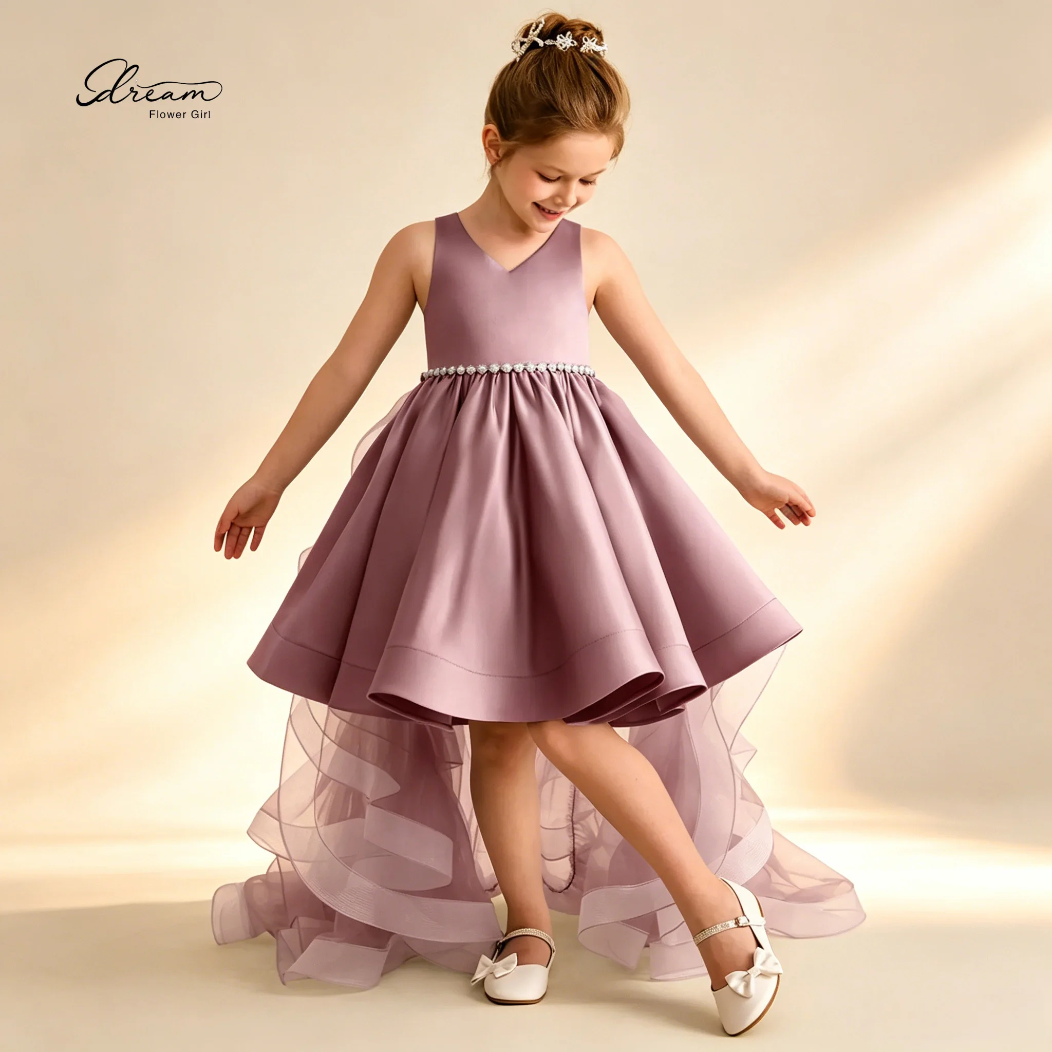 Custom Pink Chiffon Off-Shoulder Sleeveless Ball Gown with Asymmetrical Hem and Pearl Waist Detailing — Formal Children's Dress