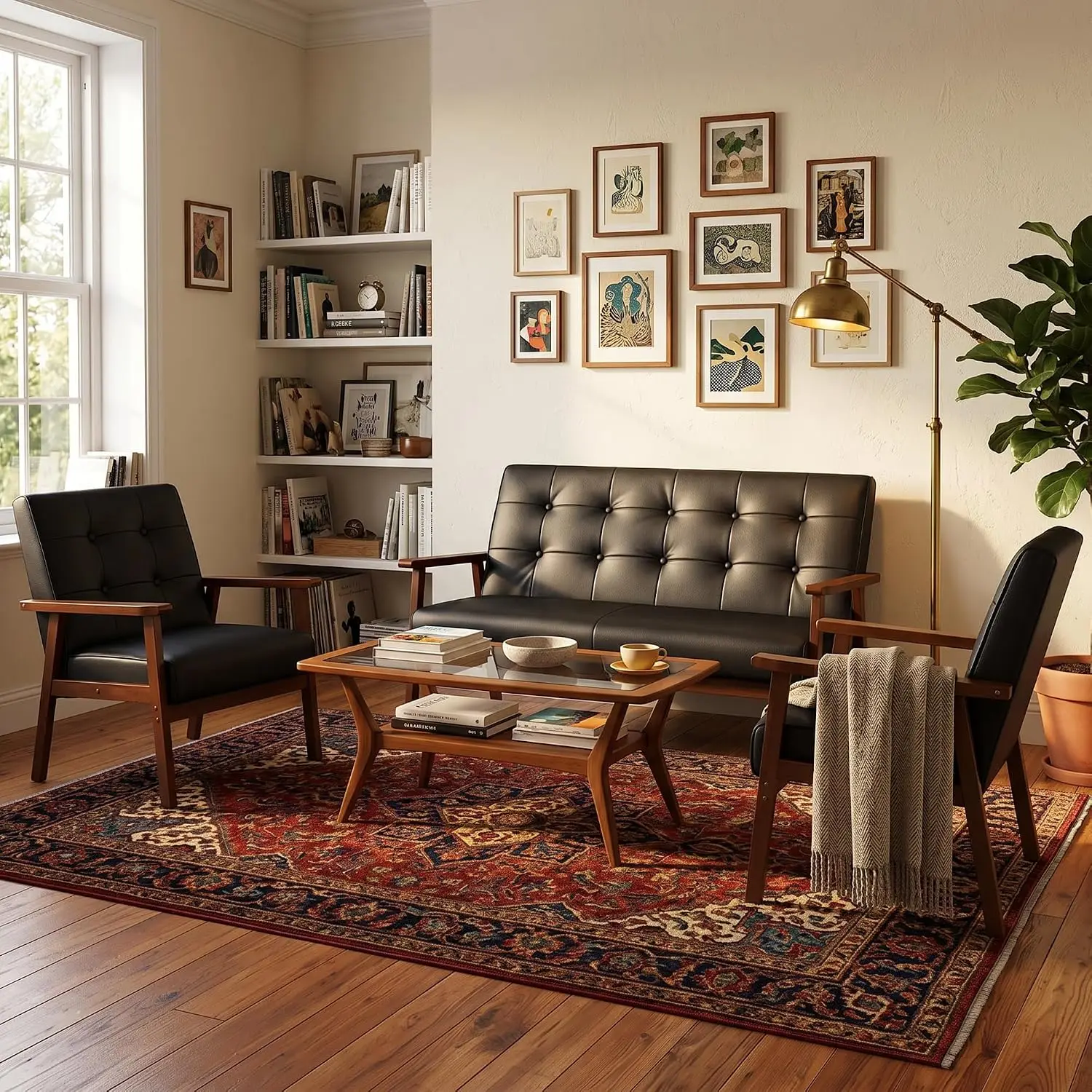 3 Piece Black Faux Leather Mid Century Modern Wood Frame Living Room Set | Loveseat Sofa Set Tufted Upholstery Furniture Set, Co