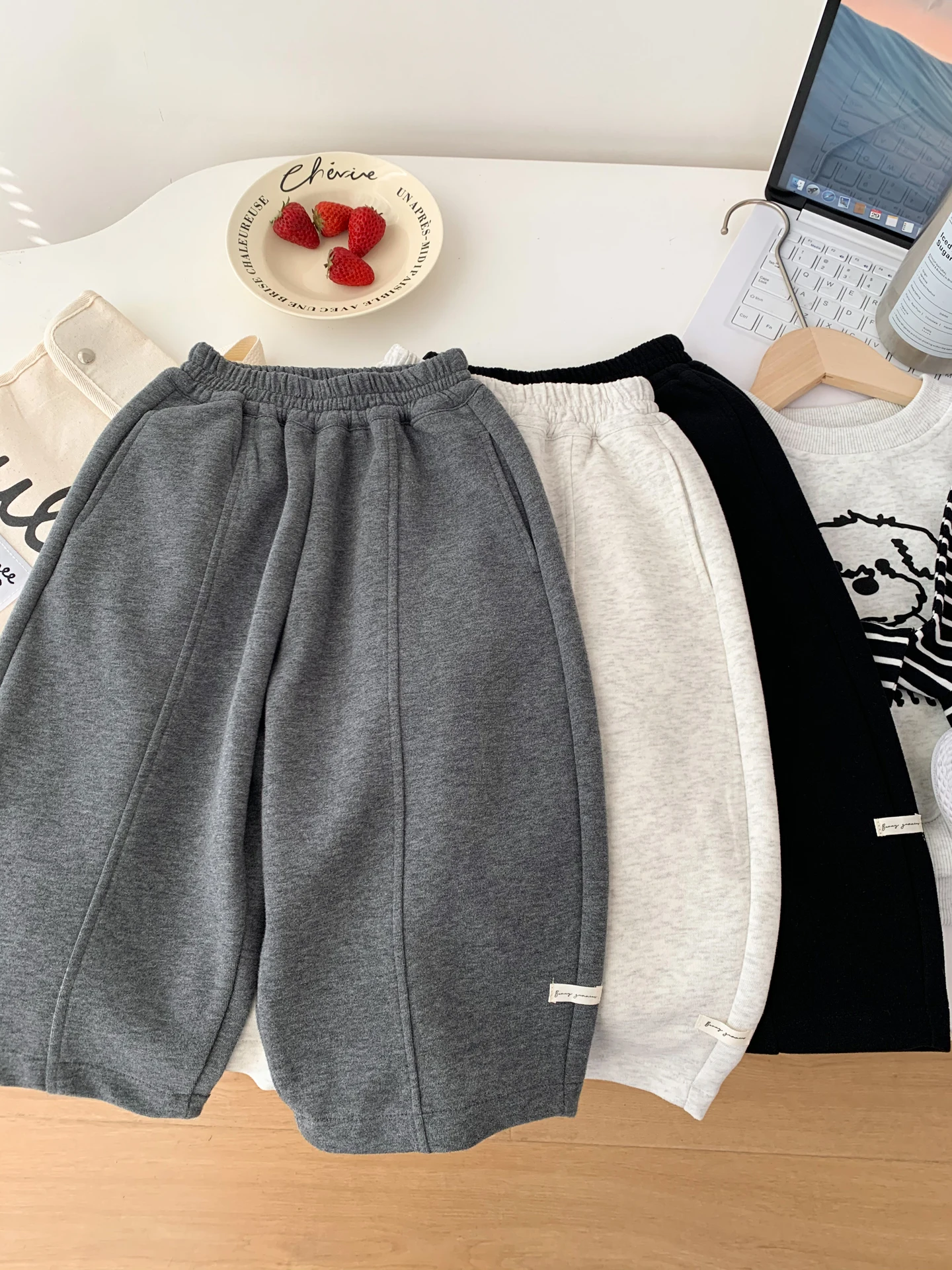 春のカジュアルワイドレッグパンツ-男の子用-ソフトブレードシェイプ-快適なコットンブレンド-ロングパンツ-ストレートカット-非伸縮性ウエスト