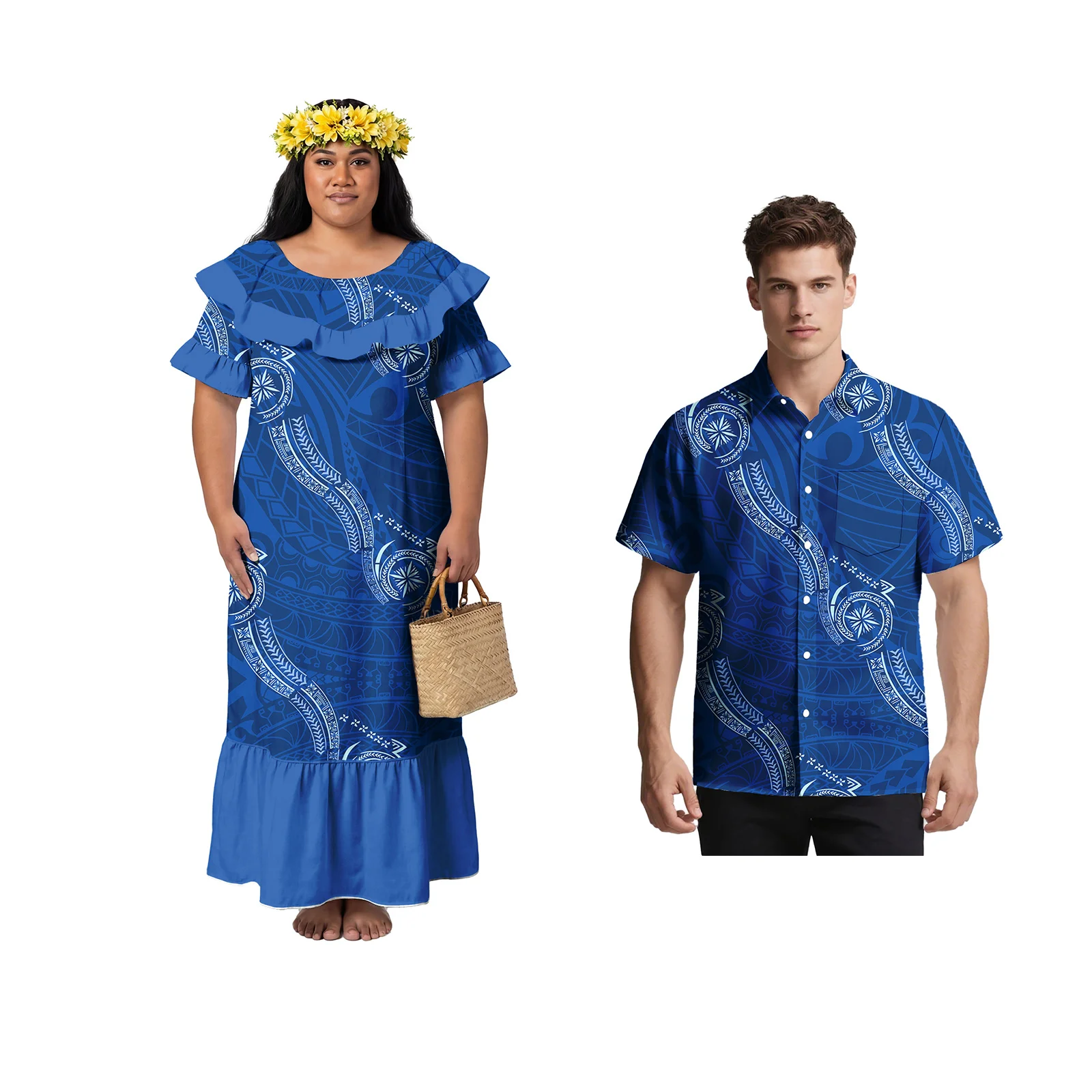 Fashion Royal Blue Couple Clothes Polynesian Men Shirts Samoan Women Dress Custom Hawaiian Island Print Matching Couple Outfits