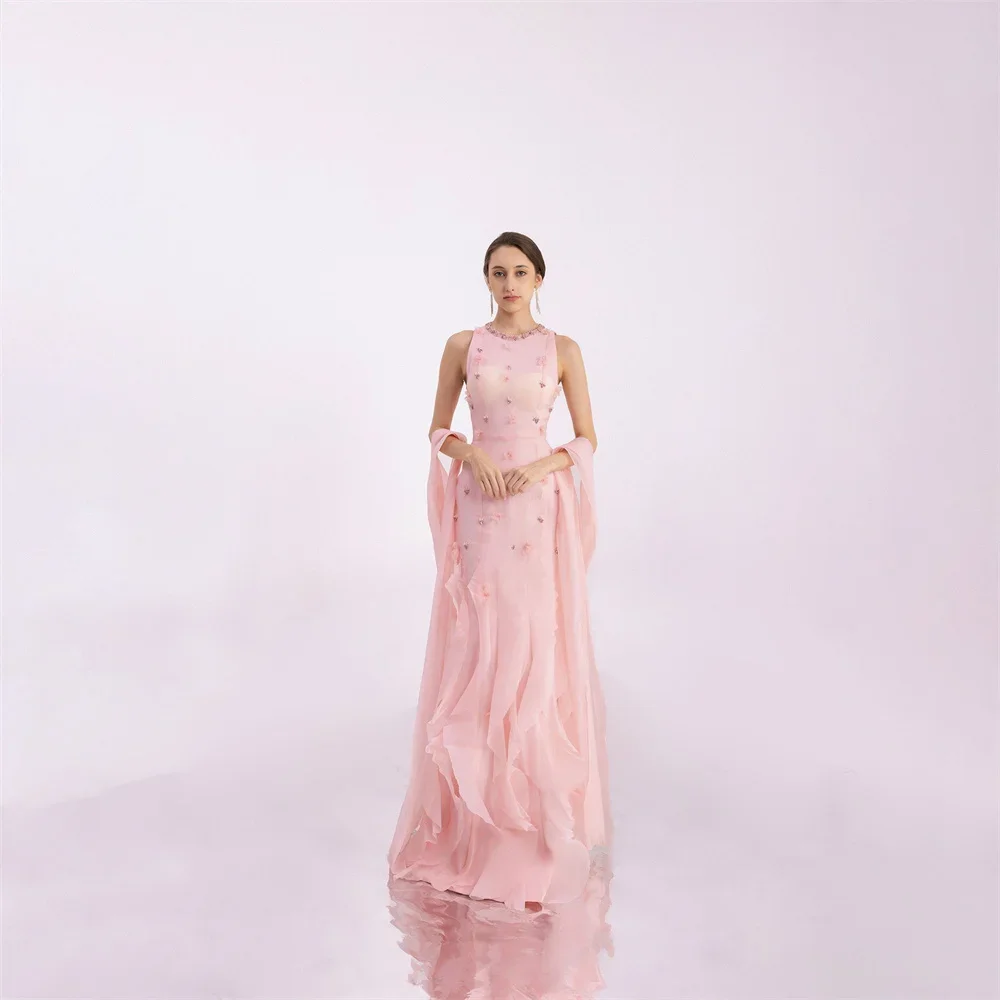 Customized Scoop Neckline A-line Floor Length Skirts Ribbon Sleeveless Beading Bead Bespoke Occasion Dresses