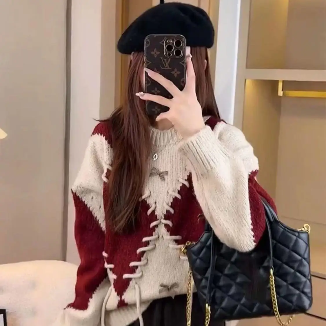 Color Blocking Retro Diamond Grid Women's Sweater Autumn Winter Lazy Style Unique Super Beautiful Knitted Casual Top for Women