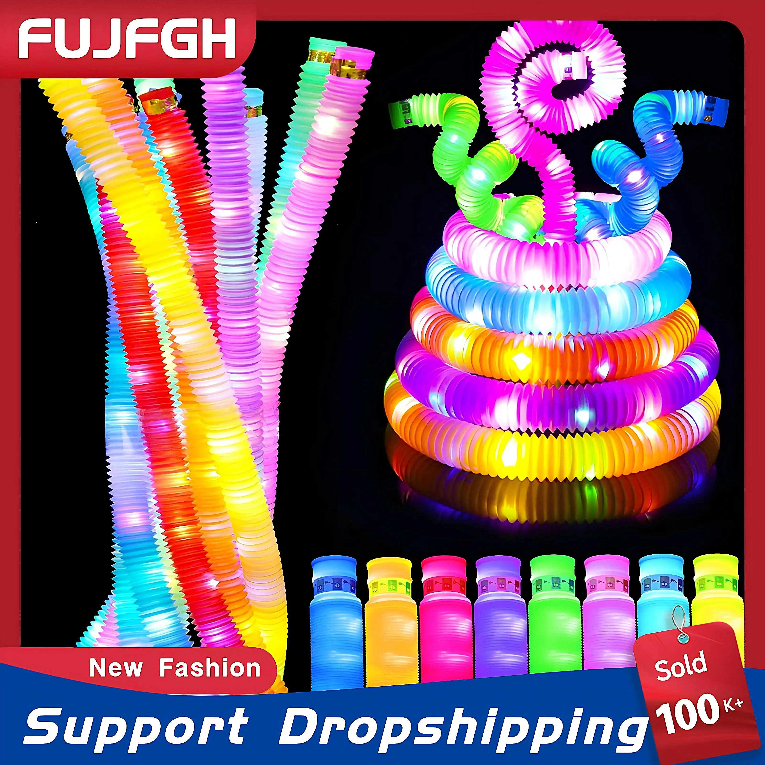 

6 PCS Colorful Pop Tubes Lighted LED Sensory Toys Pull Stretch Tube Toddlers Gifts Children's Luminous Popping Party Supplies