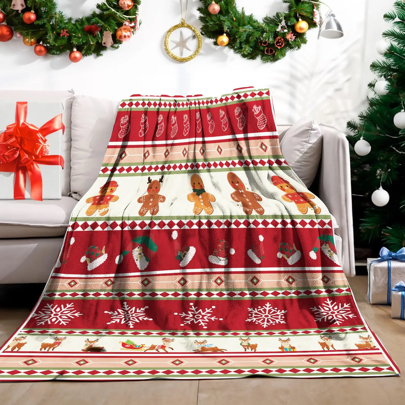 بطانيات عطلة صوف عيد الميلاد، بطانيات ناعمة دافئة للأريكة، سانتا كلوز شجرة عيد الميلاد يطبع بطانية هدايا عيد الميلاد