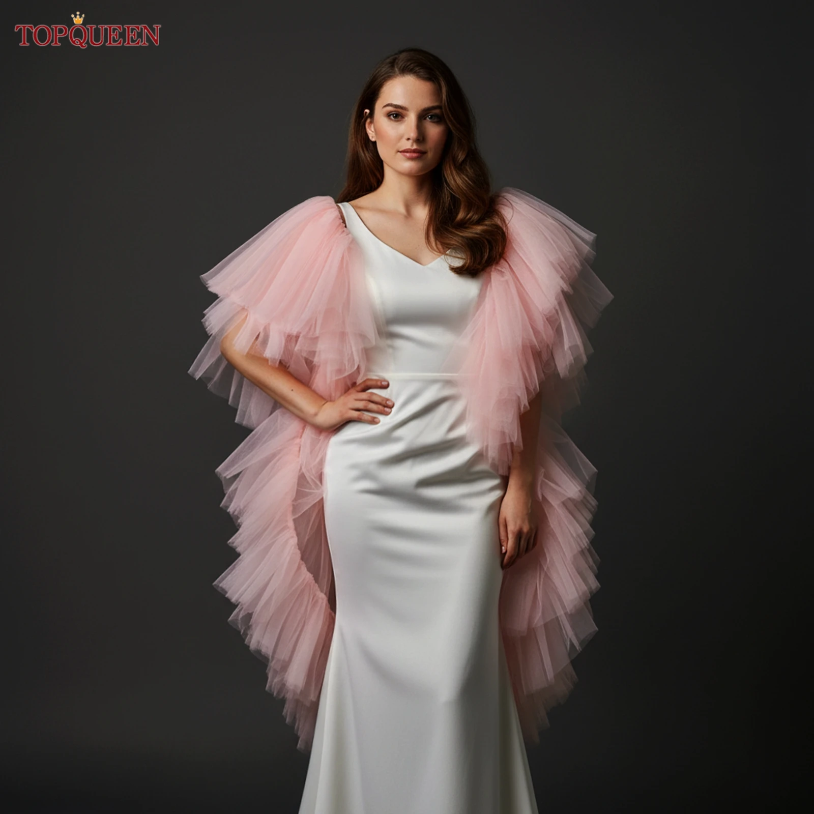 

Роскошная розовая накидка TOPQUEEN для невесты, плиссированная из фатина, с отстегивающимися рукавами, для свадебного платья, боди или вечернего наряда, модель Vg137