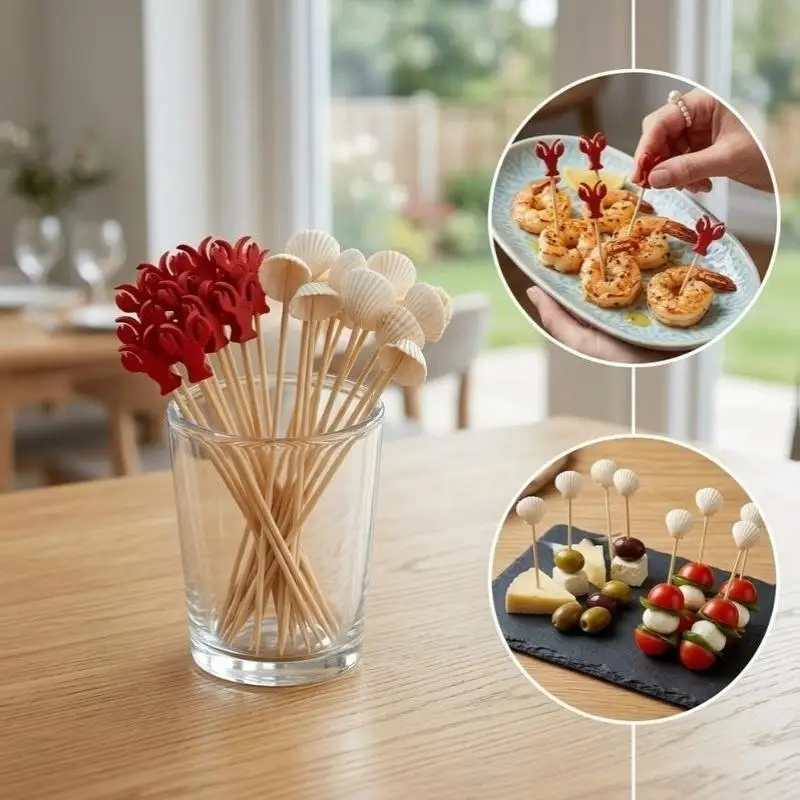 100 Stück 12cm Krabbenschalen-Bambus-Cocktailspießchen, Frucht-Cupcake-Aperitif-Topper, Hawaiianische Sommer-Strandparty-Zubehör – Detail 11