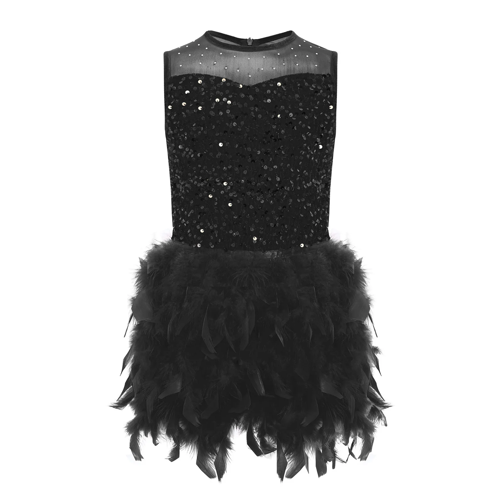 Girls Figure Skating Ballet Dance Dress Sleeveless Sequins Feather Velvet Leotards for Ballroom Latin Tango Dancing Performance