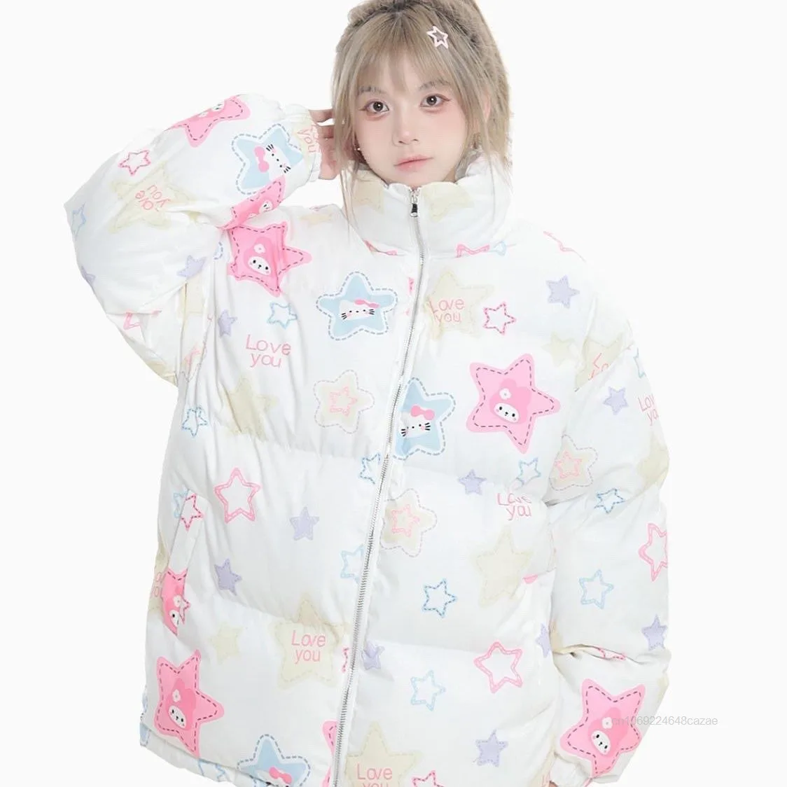 Sanrio jaket katun wanita, mantel katun Hello Kitty lucu, jaket katun longgar gaya Jepang, mantel ritsleting kerah tebal hangat baru musim dingin