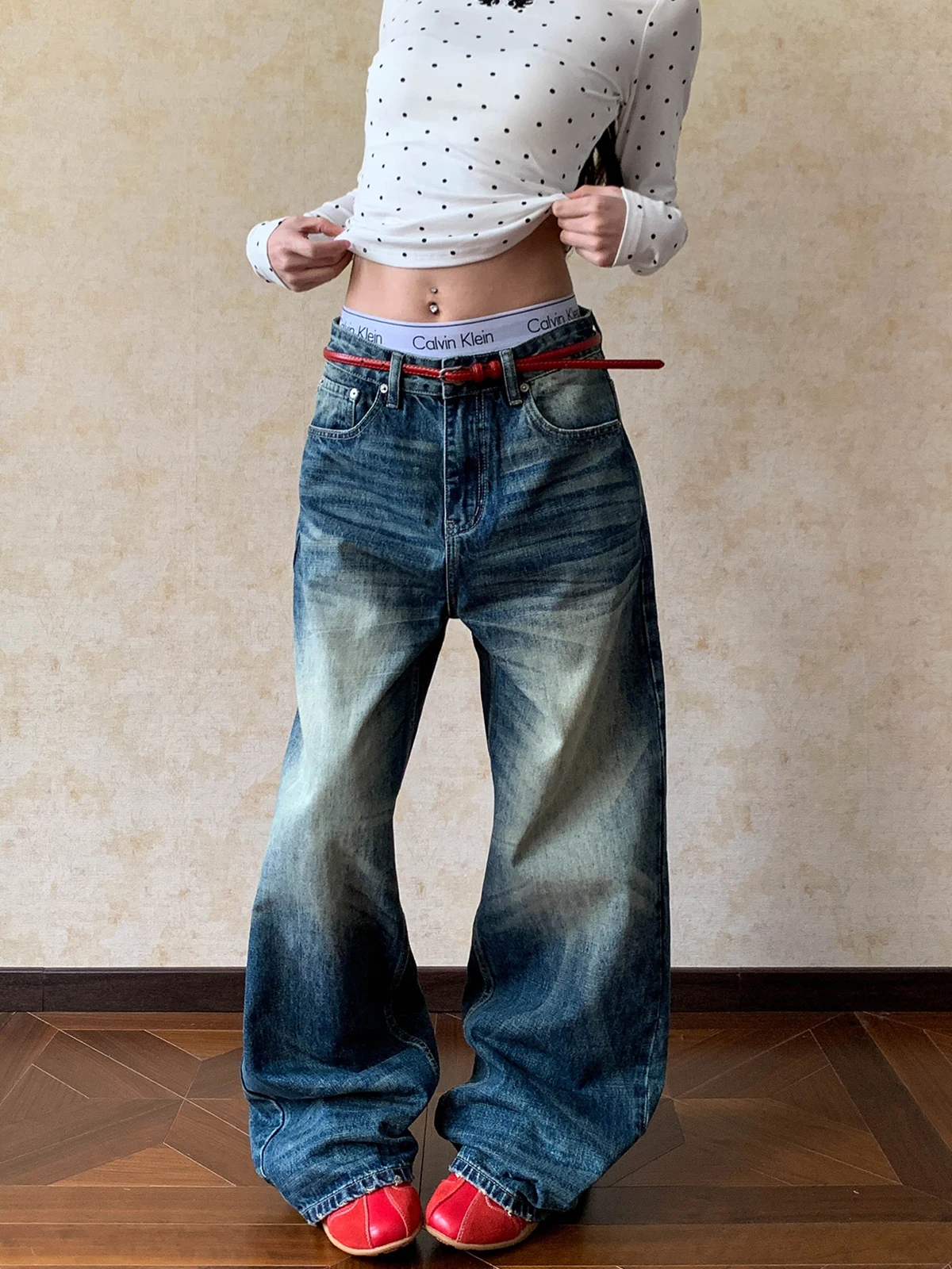 

Aket American Retro Waed Straight Leg Jeans Women's Loose Pants Cleanfit Cotton Stretch Comfortable Breathable