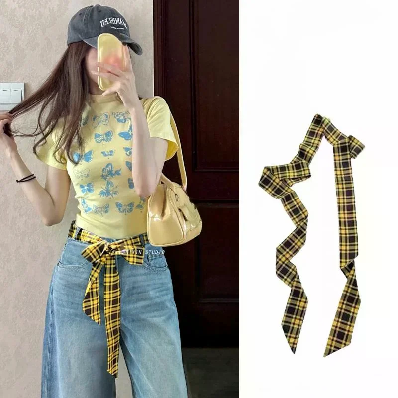 

Длинный узкий клетчатый пояс с джинсами, галстук, шарф, декоративный аксессуар, индивидуальная модная повязка для волос, модный аксессуар