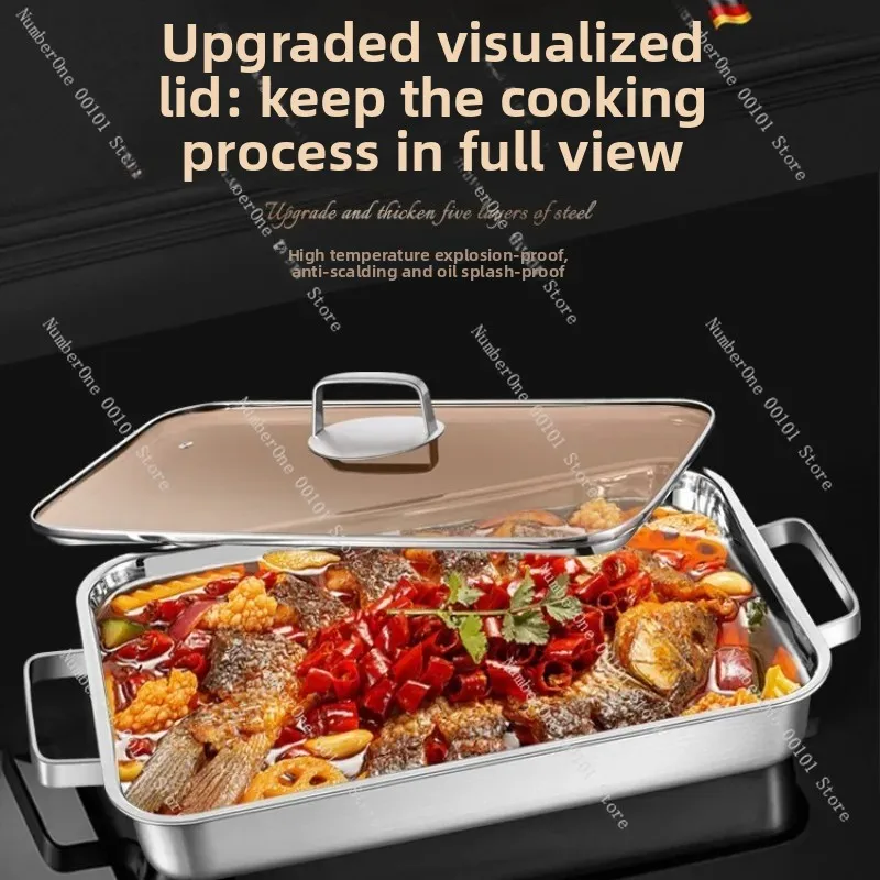 316 Stainless Steel Grilled Fish Tray, Rectangular Deep Baking Pan for Household Commercial Induction Cooktop