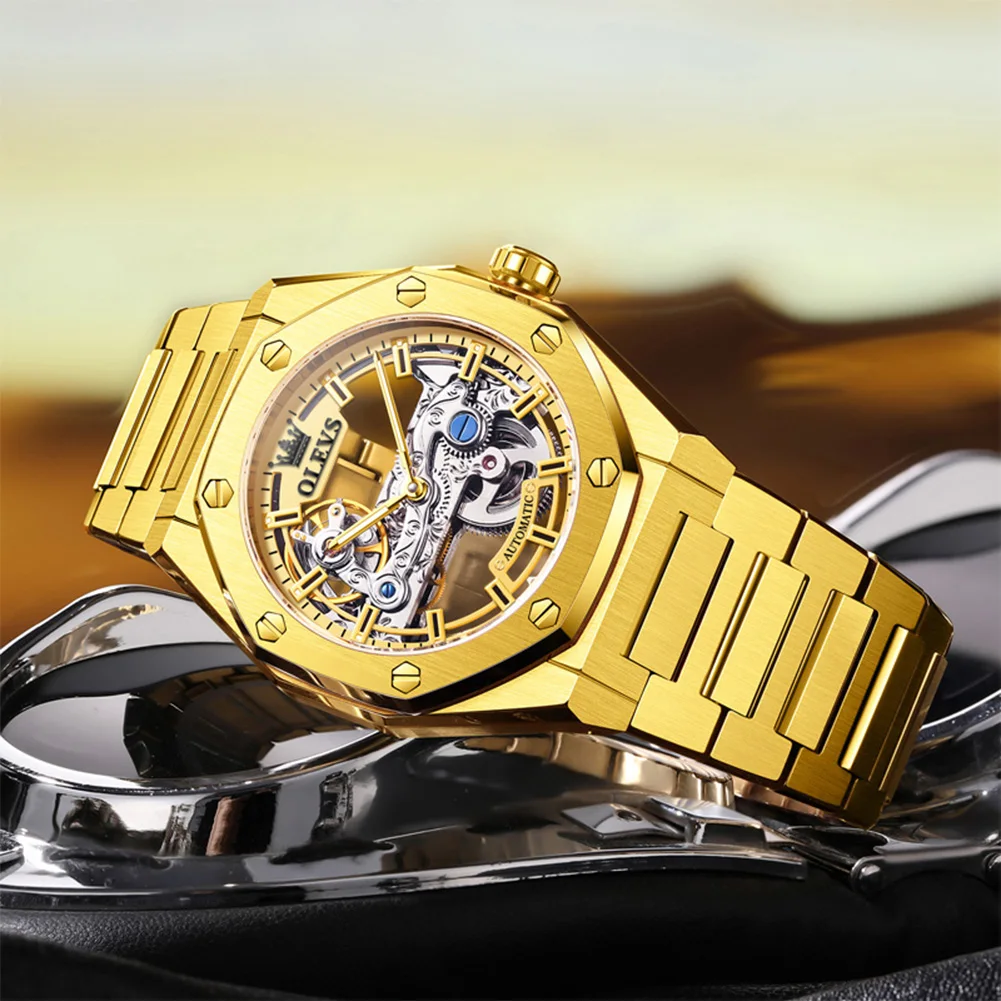 OLEVS Full Skeleton Mens Automatic Watch Octagonal Steel Case Stainless Steel Bracelet Luxury Mechanical Business Wrist Watch